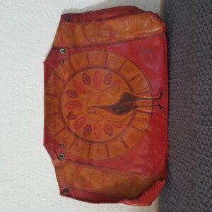 1970s Vintage Red and Tan Leather Peacock Purse Clutch
